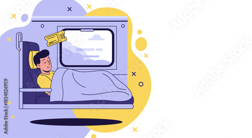 An illustration depicts a person sleeping comfortably on a train, with a ticket visible, suggesting travel and relaxation during the journey.