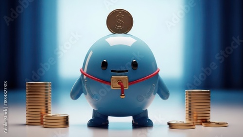 Fototapeta Naklejka Na Ścianę i Meble -  Adorable blue egg-shaped piggy bank with coin on top and gold coins around it