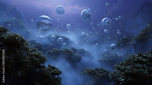 Fototapeta Naklejka Na Ścianę i Meble -  Mysterious underwater world with rising bubbles mist and vibrant coral reefs in deep blue light