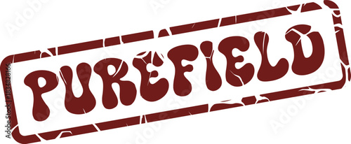 Purefield word displayed in a vintage distressed red rubber stamp graphic design