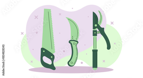 Illustration of gardening tools including a saw, knife, and pruning shears, perfect for yard work and maintaining plants with ease.