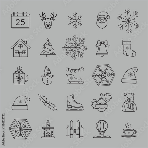 Collection of Christmas and winter holiday icons including calendar reindeer Santa snowflake house tree bell stocking