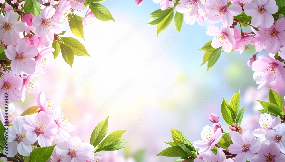 Obraz premium 新緑とパステルピンクの桜のフレーム、メッセージやデザインに最適な背景