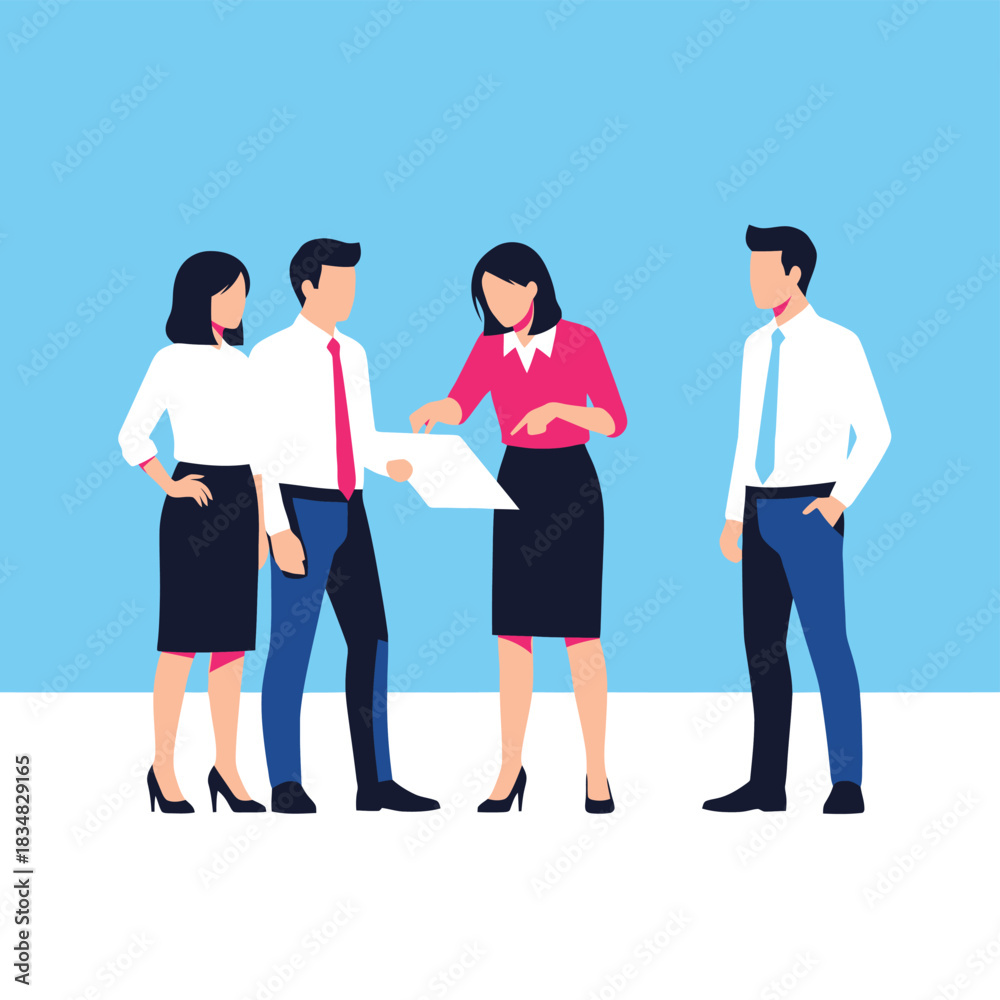 Obraz premium Team Business Meeting Vector Illustration, Blue Background, People Collaboration Discussion Pink White Attire