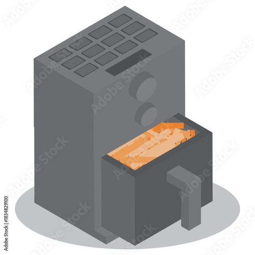 アイソメトリック風のノンフライヤー（エアフライヤー）でポテトを調理したイメージ素材