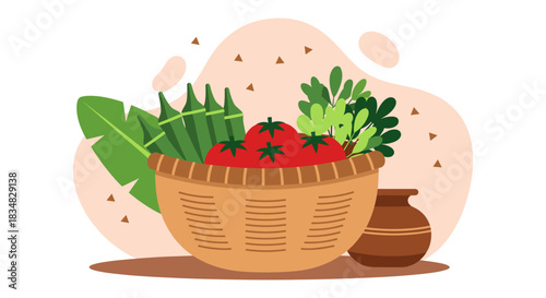 A vibrant illustration showcases a woven basket overflowing with fresh tomatoes, okra, and leafy greens, symbolizing healthy eating.