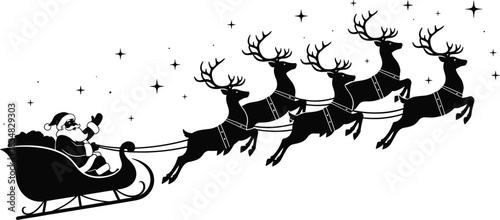 Santa Claus sleigh silhouette, flying reindeer, Christmas vector, festive scene, holiday magic, black illustration, gift delivery, winter icon
