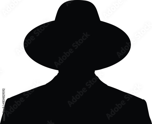 Silhouette figure, wide-brimmed hat, mystery coat, secret identity, anonymity concept, black white contrast, detective style, hidden face, profile