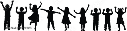 Black silhouette vector set of nine happy children with hands raised, celebrating, jumping, and playing, diverse group of kids having fun, isolated white 