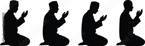 Black silhouette vector set of four Muslim men kneeling and praying, hands raised for Du'a or supplication, religious worship, side profile view, isolated on white background