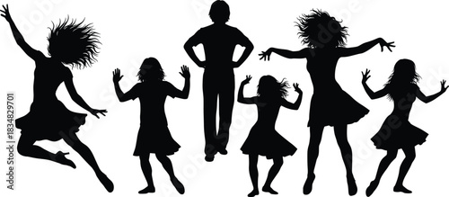 Black silhouette vector set of young people dancing and jumping with dynamic movement, women in motion with flying hair, expressive performance figures, isolated white background