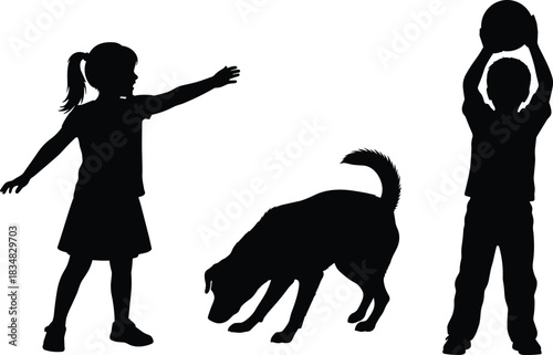 Black silhouette vector set of two happy children playing with a dog, boy holding a ball, girl reaching, pet sniffing ground, isolated figures on white background
