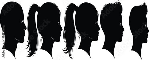 Silhouette head profiles, hairstyle icons, black outlines, ponytail styles, short hair, graphic design, minimalist heads, fashion concept, side view, character design