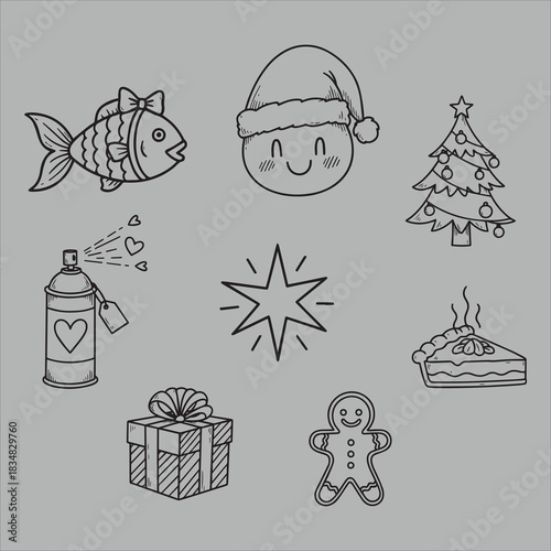 Hand drawn Christmas icons including fish Santa hat tree pie gift gingerbread man and spray can