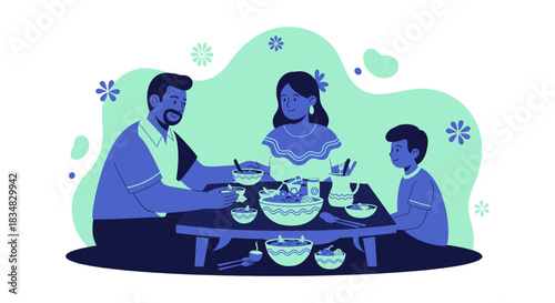 A family enjoys a meal together, illustrated with vibrant colors and a modern, flat design, celebrating togetherness and connection.