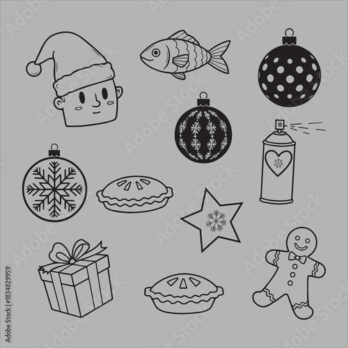 Hand drawn black line art christmas holiday icons including santa hat face pie gift box gingerbread man ornaments and spray can
