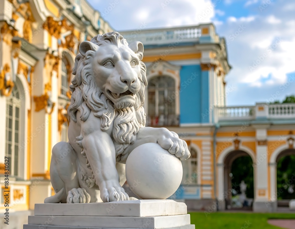 Obraz premium A majestic lion sculpture sits before a grand, ornate building with blue and gold accents, bathed in sunlight