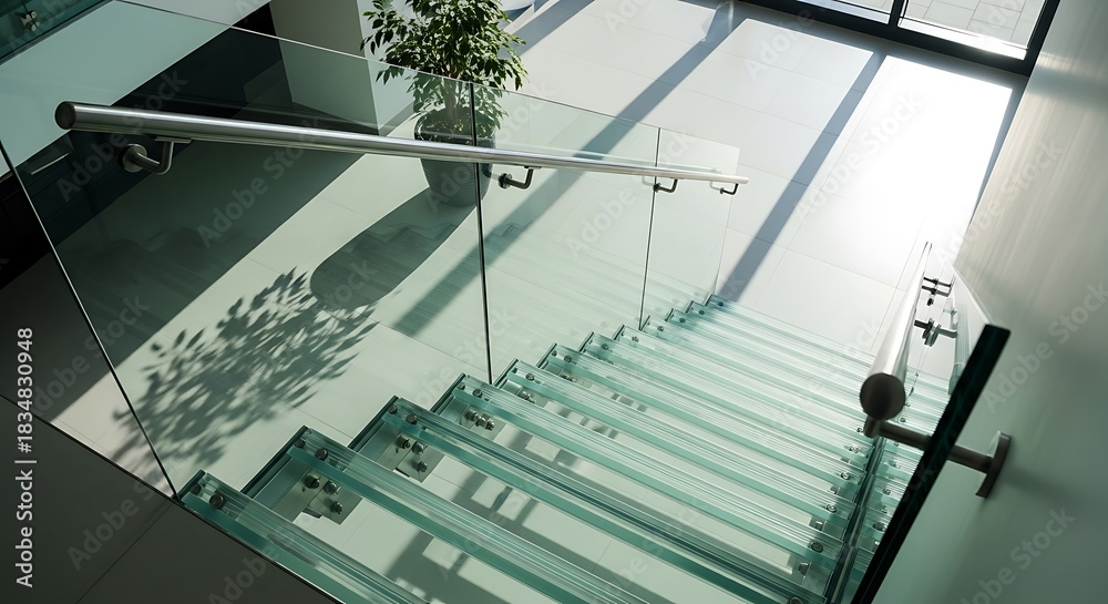 Obraz premium Modern transparent staircase with plant and sunlight casting shadow design