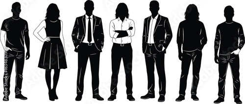 Silhouettes of men and women in casual and business outfits, standing human figures, black vector people illustration for fashion, office, and design projects