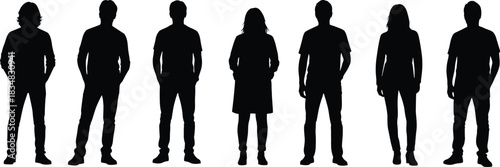 Silhouettes of men and women standing in casual clothing, black vector human figures, isolated people poses for lifestyle, fashion, and design projects