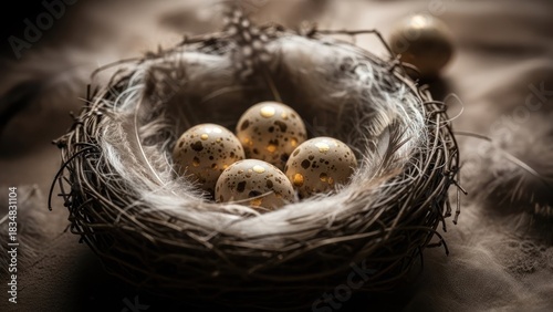 Close-up of speckled eggs nestled in a bird's nest with soft feathers on cloth