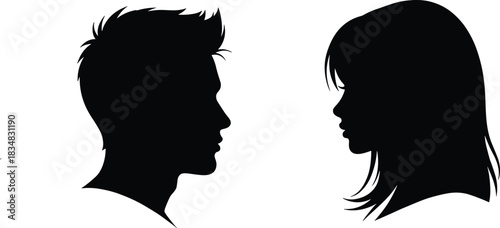 Silhouettes, human profiles, face to face, black and white, contrast, communication, interaction, hairstyle, symmetry, minimal, artistic, dramatic, emotion, expression