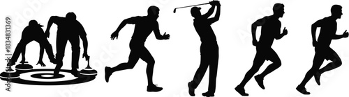 Sports silhouette vector collection, curling, sprinting, golf swing, jogging, running, athlete icon, fitness activity, black figure, motion pose