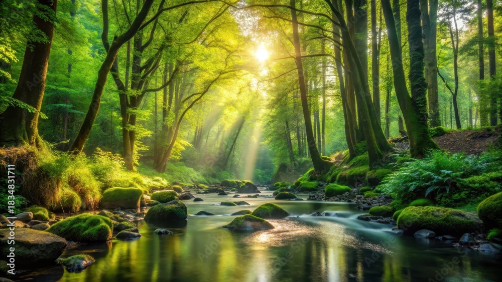 Fototapeta premium Lush Oregon forest bathed in dappled sunlight filtering through leafy canopy above gentle brook