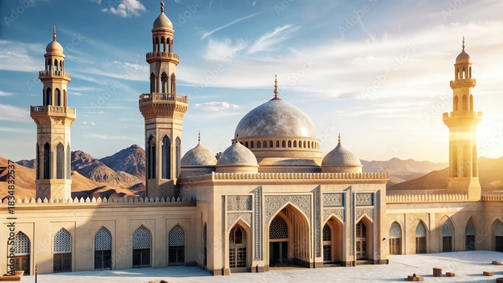 Fototapeta premium Architectural marvel of Islamic heritage stands tall amidst desert landscape with ancient prayer call echoing through the air