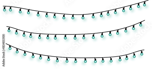 A set of decorative turquoise string lights, with small pepper style lamps on a wire for a festive party or holiday background element