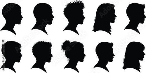 Head silhouettes, human profiles, hairstyle variety, black figures, white background, identity, diversity, design, graphic, minimal, stylized, artistic, isolated, facial outline, character modeling