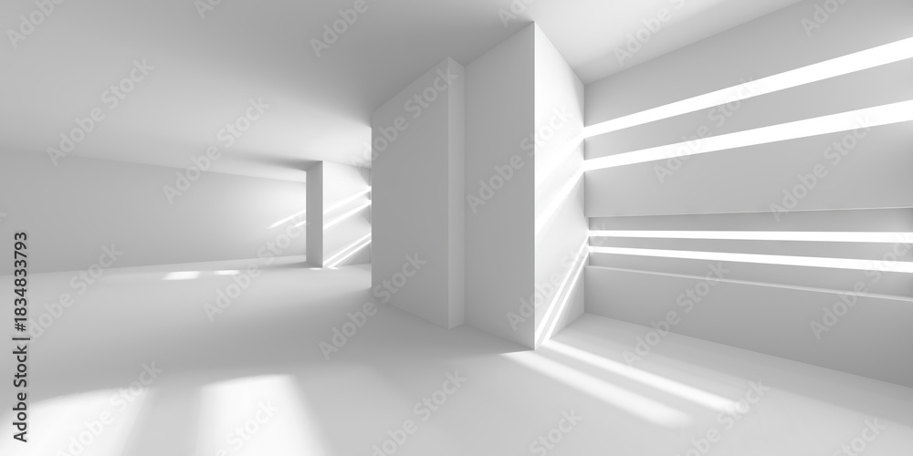 Fototapeta premium Minimalistic white abstract interior with sunlight beams in modern architectural space. 3d render