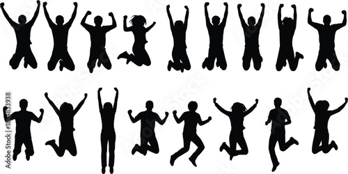 Jumping people silhouettes collection, celebrating success poses, happy winners teamwork spirit, energetic motion figures, transparent background, vector illustration design assets
