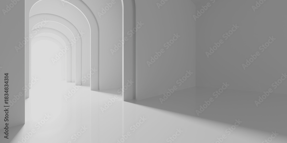 Fototapeta premium Serene abstract white arched hallway with minimalist design for modern interiors and architectural inspiration. 3d render