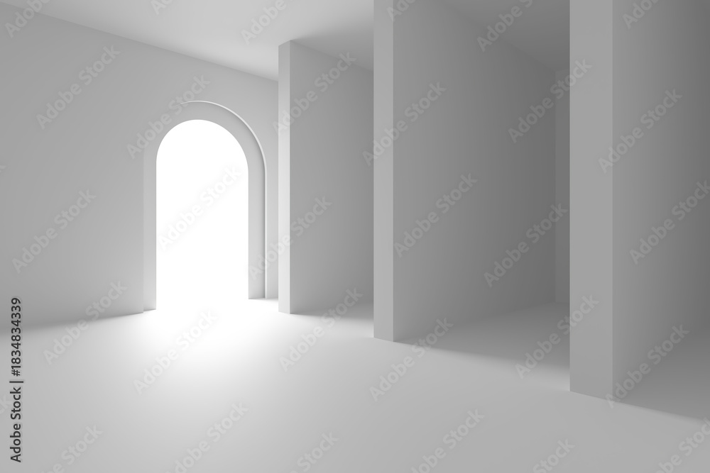 Fototapeta premium Minimalist architectural interior with sunlit archway and modern columns for contemporary design inspiration. 3d render
