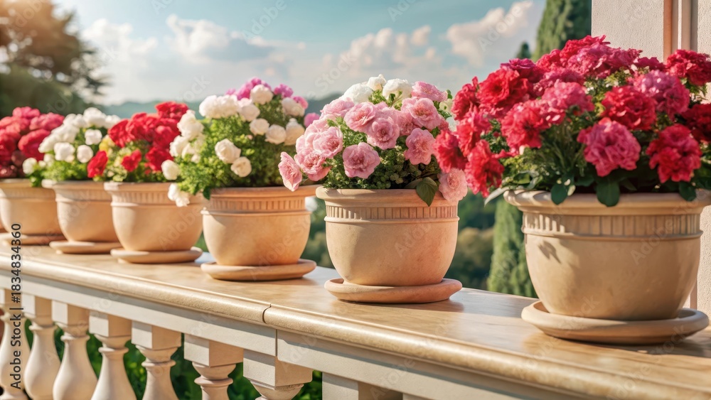 Obraz premium A beautiful arrangement of flowers in decorative pots adds a touch of elegance to a serene balcony