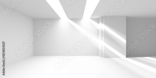 Minimalist interior with sunbeams through ceiling openings. 3d render