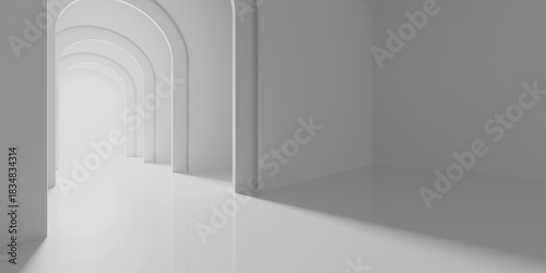 Serene abstract white arched hallway with minimalist design for modern interiors and architectural inspiration. 3d render