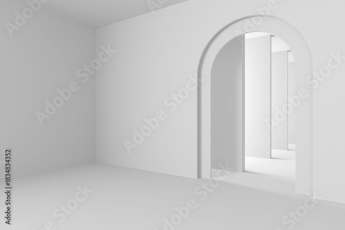 Minimalist abstract interior with arched doorway and white walls design for modern architecture .3d render