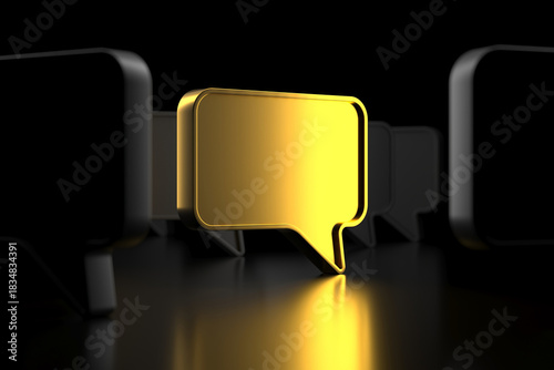 Glowing gold speech bubble on black background for communication and design .3d render