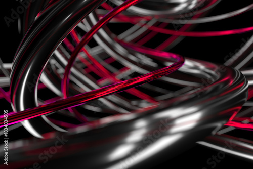 Dynamic red and silver abstract twisting tubes on black background. 3d render