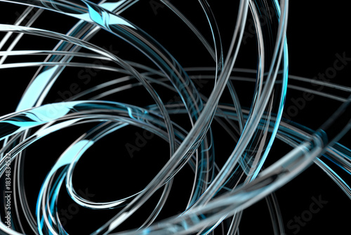 Abstract swirling glassy tubes with cyan highlights for modern decoration. 3d render