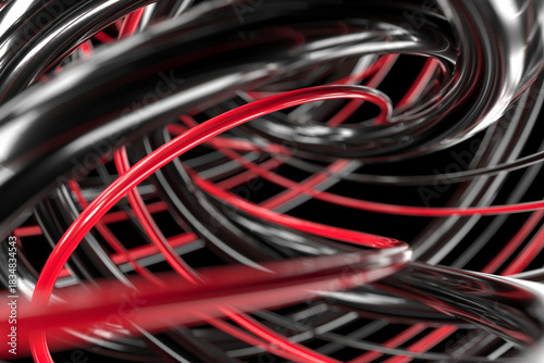 Dynamic abstract swirl of intertwined black and red tubes on dark background. 3d render