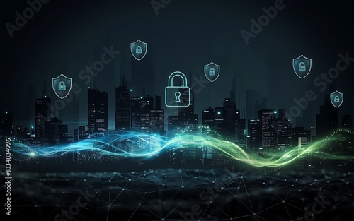 Digital Smart City Cybersecurity Network with Floating Shield Icons Background