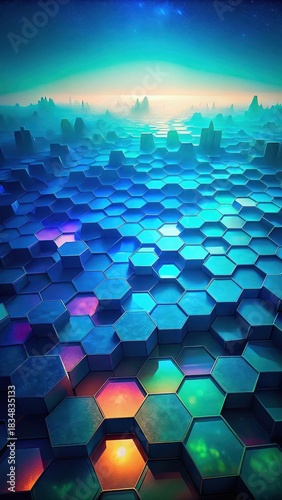 A mesmerizing mosaic of blue and teal hexagons stretches across a dreamy, gradienthued landscape