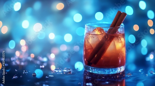 Warm mulled wine with cinnamon sticks on blue lights background