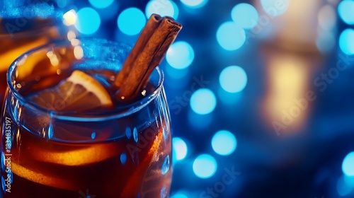 Warm mulled wine with cinnamon sticks on blue lights background