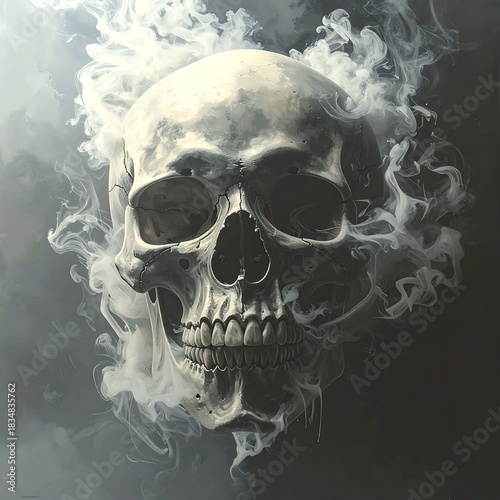 Artistic, surreal skull engulfed in swirling ethereal smoke against dark backdrop