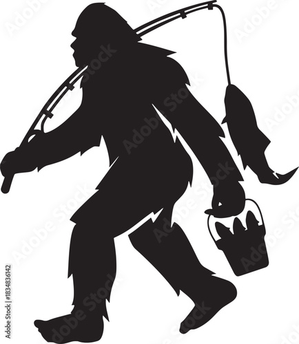 Silhouette of bigfoot fisherman walking with rod fish and bucket