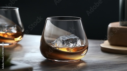Whiskey tumbler with a single ice cube cozy ambiance